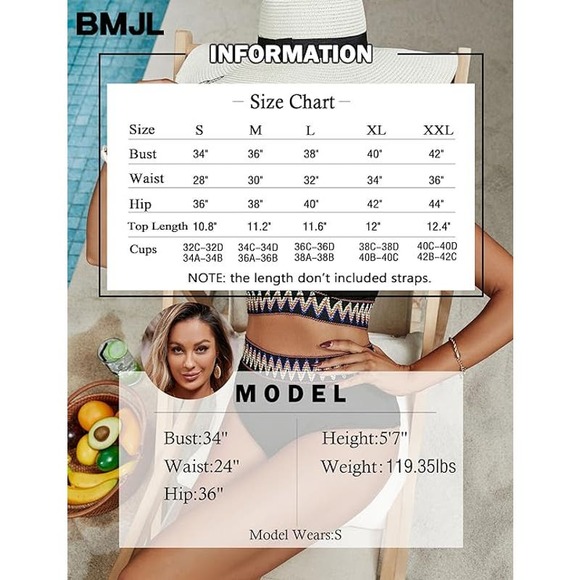 High Waisted Bathing Suits Ribbed Two Piece Bikini Set V-Neck Push Up, SM, Black - Picture 10 of 10